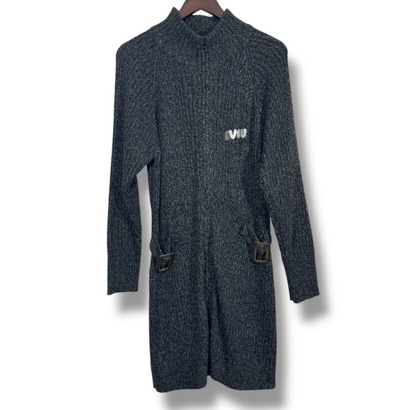 Evisu Sweaters - Evisu Genes Knit Double Zipped Cardigan Grey Buckle Longline Mock Neck Medium